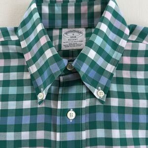 BROOKS BROTHERS GREEN WHITE CHECK REGENT NON-IRON COTTON MEN'S DRESS SHIRT SMALL
